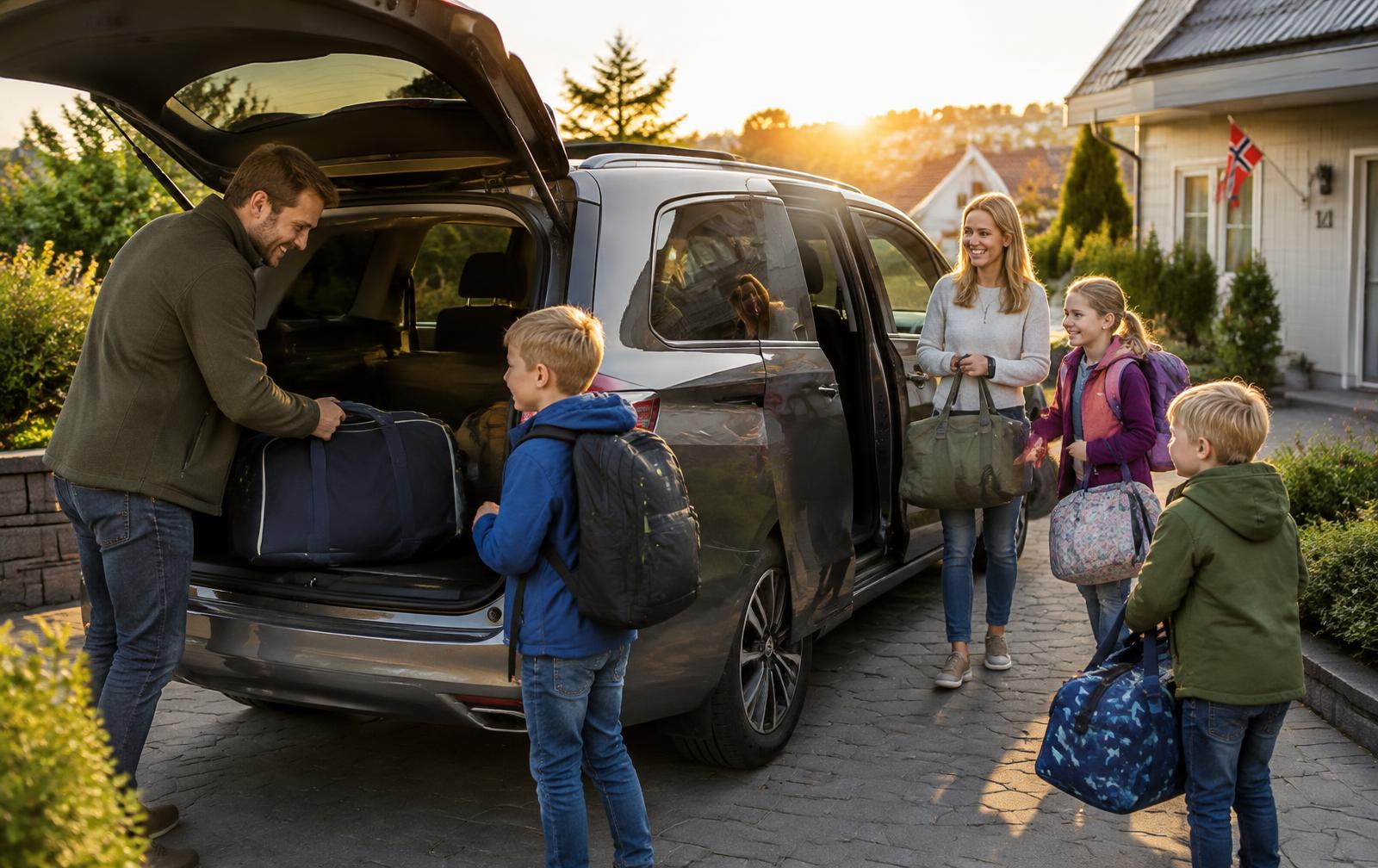 Familie som pakker bagasje i en stor familiebil